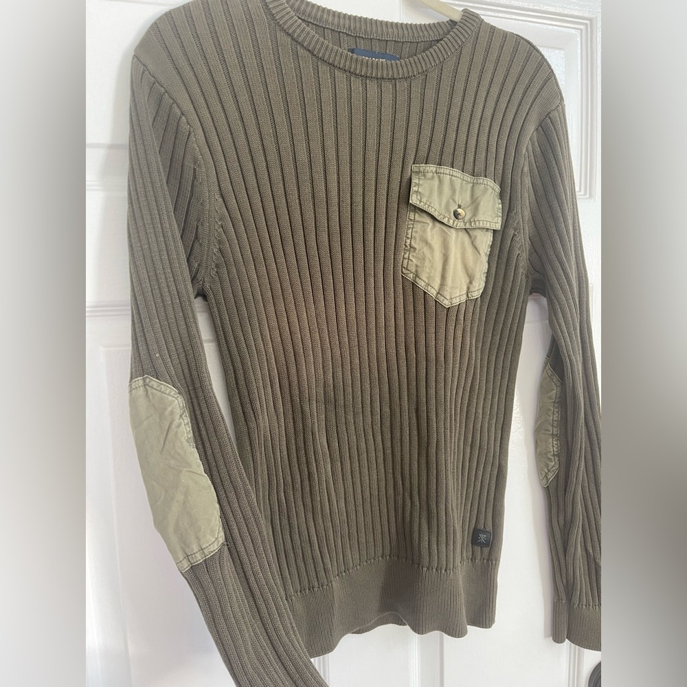Roark Olive Crewneck Sweater with Pocket and elbow detail. Super soft